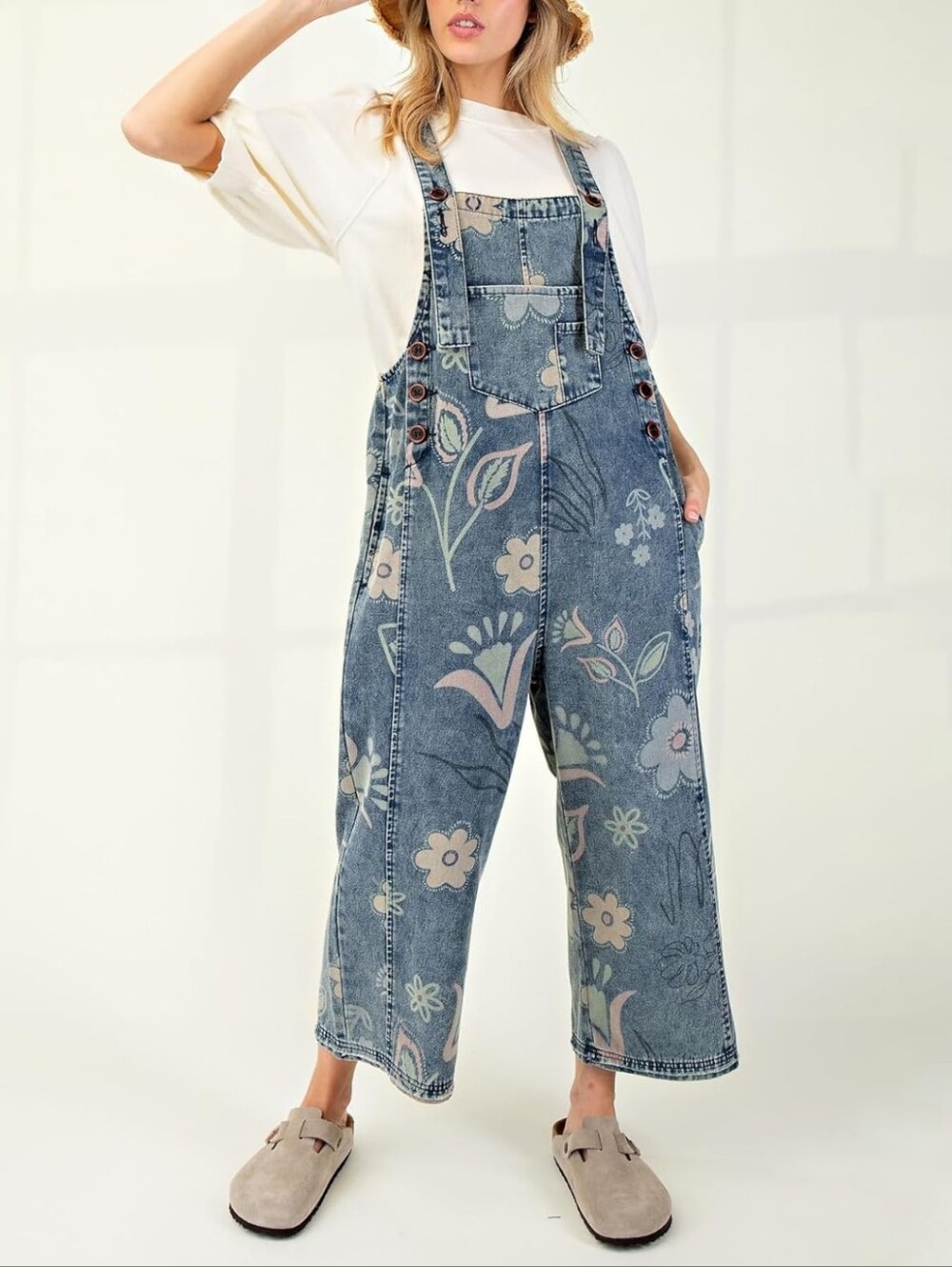 Floral-Print Denim Wide Leg Overalls in Washed Medium Blue. NWT Size Small